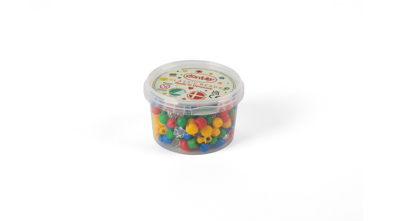 Gennemsigtig plastikbøtte fyldt med små farverige perler i regnbuens farver.